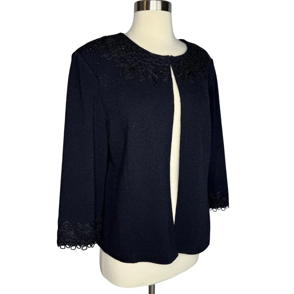 St.‎ John Evening Black Embroidered Rhinestoned Wool Blend Formal Cardigan Sz 14